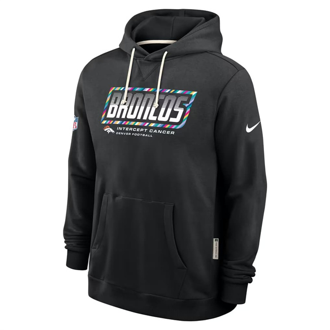 Men's Denver Broncos Black Black 2026 Crucial Catch Sideline Standard Issue Dri-FIT Pullover Hoodie